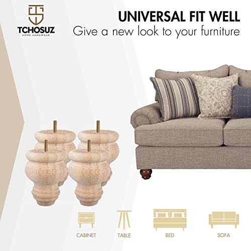 3 Inch Unfinished Wooded Furniture Legs,Tchosuz Solid Carved Bun Feet with 5/16 inch Bolt,Modern Mid-Century Sofa Couch Feet Furniture Replacement WoodArtSupply