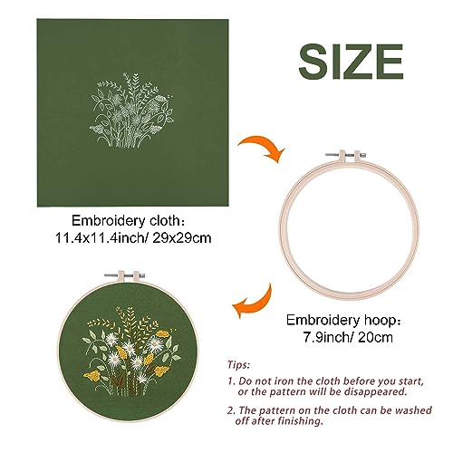 FEPITO 2 Sets Full Range Embroidery Starter Kit with Pattern and Instructions Cross Stitch Kit Includes 2 Pcs Embroidery Clothes with Floral Pattern, FEPITO