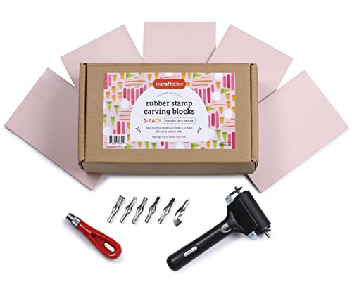 Incraftables Rubber Stamp Kit (5-Pack). Linoleum Block Kit with Cutting Blades Tools (6pcs). Block Printing Kit (6in x 4in x ¼ in) Light Pink Color. Incraftables