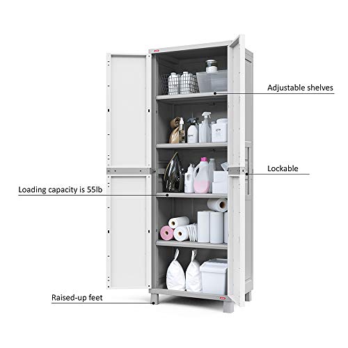 Keter Storage Cabinet with Doors and Shelves for Tool, Home Organization,Large, White & Grey Keter