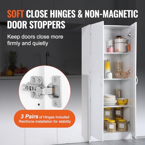 VEVOR Food Storage Cabinet, Freestanding Pantry with 2 Adjustable Shelves Engineered Wood Utility for Kitchen, Laundry, Dining Room, White VEVOR
