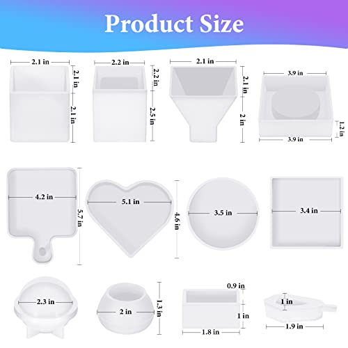 KISREL Resin Molds Silicone Kit 12PCS, Epoxy Resin Molds, Resin Mold Including Cube, Pen Container, Pyramid, Ashtray, Tray, Love, Round, Square, KISREL