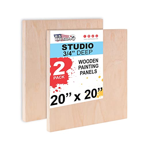 U.S. Art Supply 20" x 20" Birch Wood Paint Pouring Panel Boards, Studio 3/4" Deep Cradle (Pack of 2) - Artist Wooden Wall Canvases - Painting U.S. Art Supply
