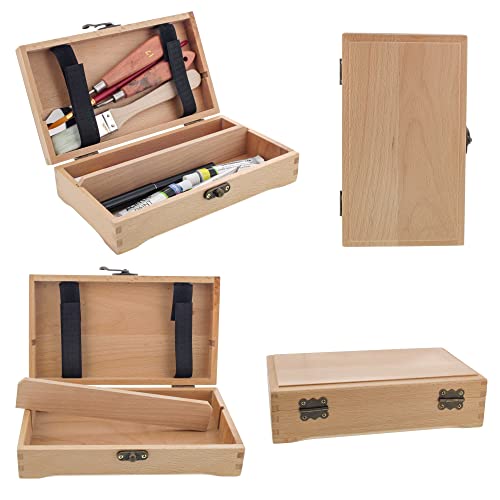 US Art Supply Small Beechwood Artist Tool and Brush Storage Box with Locking Clasp US Art Supply