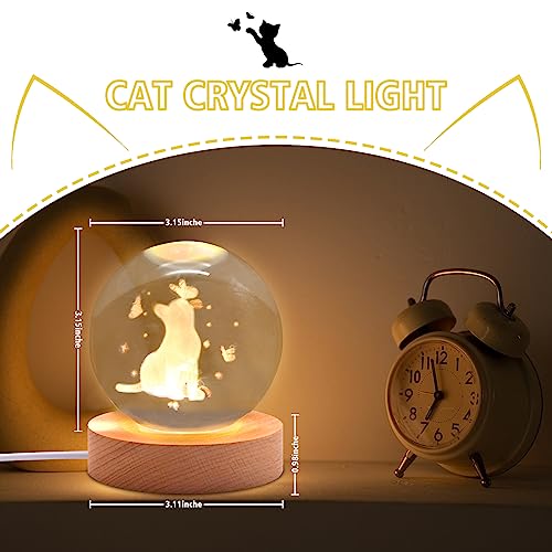 3.15in 3D Cat Figurine Crystal Ball Lamp, Cat Light Lamp with Wooden Base, Cat Gifts for Cat Lovers, Cat Stuff for Cat Lovers, Birthday Christmas Shellvcase