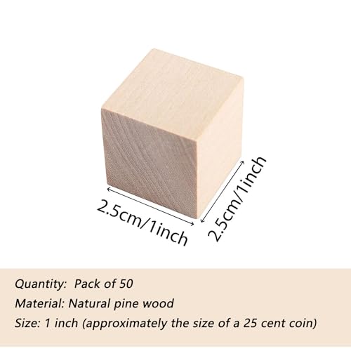 Wood Blocks for Crafts, Unfinished Wood Cubes, 1 Inch Natural Wooden Blocks, Pack of 50 Wood Square Blocks, Wooden Cubes for Arts and Crafts and DIY SIWUCHYE