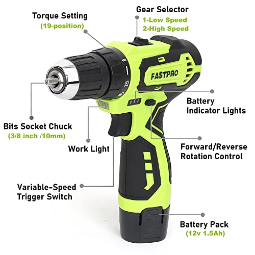 FASTPRO 175-Piece 12V Cordless Drill Set, Drill Driver and Home Tool Kit, House Repairing Tool with 12-Inch Storage Tool Bag, For DIY, Home FASTPRO
