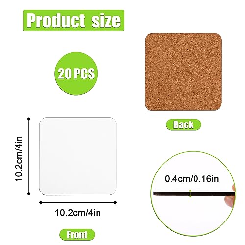 20pcs Sublimation Square Cup Coasters, 4x4in MDF Blank Hardboard Car Coaster MDF Wooden Coaster Sublimation Cork Coasters for DIY Crafts Painting KINBOM