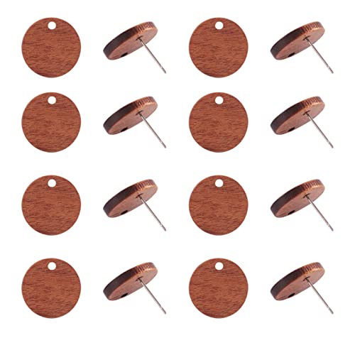 Pandahall 20 Pairs Walnut Wood Flat Round Shape Earring Findings 15mm Coconut Brown Dangle Stud Pendants with 304 Stainless Steel Pin for DIY Wooden PH PandaHall