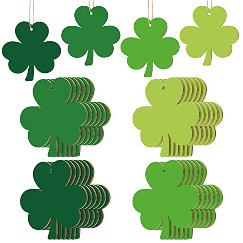 Whaline St. Patrick's Day Shamrock Wooden Hanging Ornament 4 Green Color Shamrock Bauble Embellishment Decoration with Hemp Rope Wood Label Tags for
