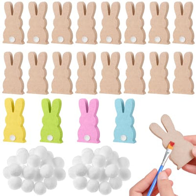 Gerrii 20 Pcs Easter Wooden Bunny Cutouts Unfinished Peep Bunny Table Wooden Signs with 22 White Felt Balls, Blank Bunny Wood Shaped Craft Tags, 30
