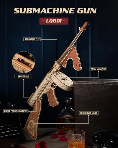 ROKR LQB01 3D Wooden Submachine Gun Puzzle Kit with Rubber Bands - 275pcs DIY Model for Adults and Teens ROKR