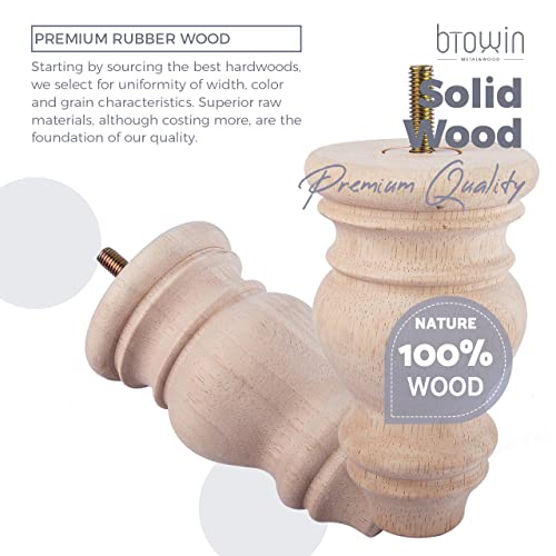 5 inch Unfinished Wooden Bun Feet, Btowin 4Pcs Solid Wood Furniture Legs with Threaded 5/16'' Hanger Bolts & Mounting Plate & Screws for Sofa Couch Btowin