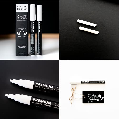 White Liquid Chalk Markers Erasable - 2PK 3mm Fine Tip Chalk Markers Chalk Pens - Chalkboard Markers Bistro Chalk Marker Glass Window Markers - Glass SAVVY & SORTED