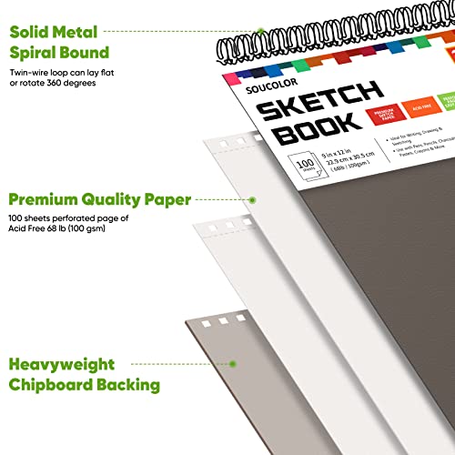 Soucolor 9" x 12" Sketch Book, 1-Pack 100 Sheets Spiral Bound Art Sketchbook, Acid Free (68lb/100gsm) Artist Drawing Book Paper Painting Sketching Soucolor