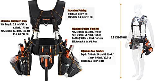 39Pockets Tool belts for men with suspenders, 4" Padded toolbelt, Tool belt with suspenders, Tool belt, Tool belt suspenders, Carpenter tool pouch, WELKINLAND