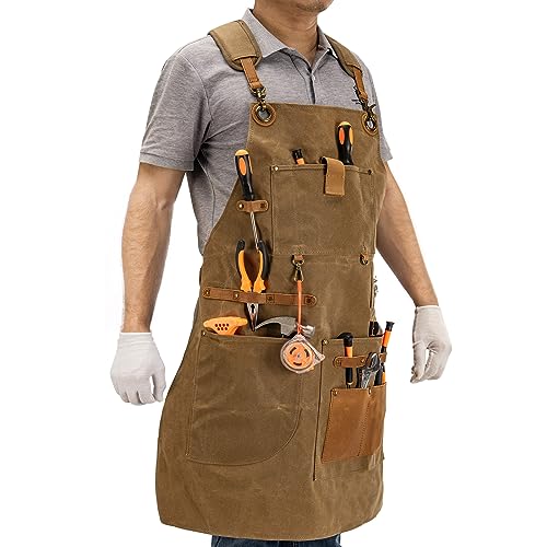 Work Apron with Tool Pockets - Heavy Duty Shop Apron for Woodworkers, Mechanics, Blacksmiths, Carpenters - M-XXL (Brown) Hamks