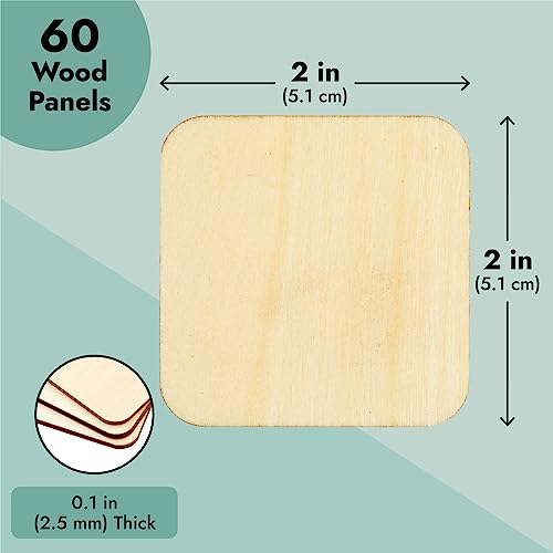 60 Pack 2x2 Wood Squares for Crafts, 2.5mm Unfinished Wood Cutouts with Rounded Corners Bright Creations
