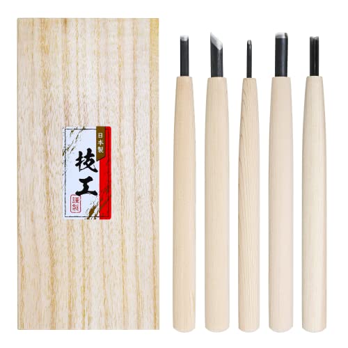 KAKURI Japanese Wood Carving Knife Set (5 Pcs) Made in Japan, Professional Wood Carving Tools for Linoleum Carving, Linocut, Printmaking, AOGAMI Blue