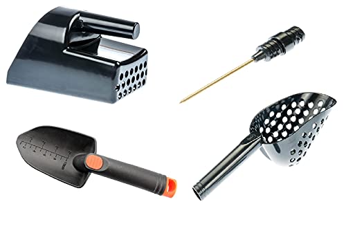 Metal Detecting and Treasure Hunting Tool Kit #2 Black Sand Scoop, Hand Trowel, Super Scooper, and Brass Probe - WoodArtSupply