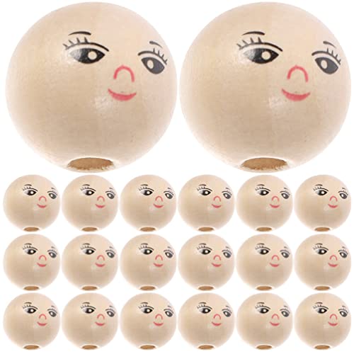 Ciieeo 50Pcs Round Wood Beads Smile Face Wood Loose Beads Bulk with Hole Doll Head Beads for Crafts Bracelet Necklace Jewelry Making 22MM Ciieeo