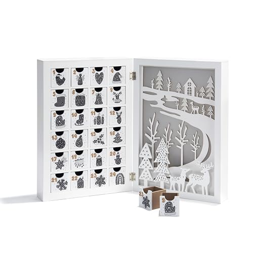 Wooden Advent Calendar with Drawers, 12 Inch Reusable Advent Calendar with Lights, White Wood, Battery Operated, Empty Boxes to Fill, Decorative Fold LampLust