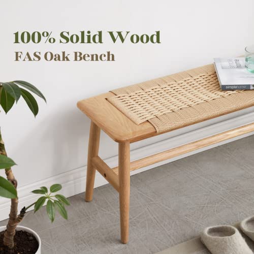 Hymus 32" L 100% FAS Oak Wooden Bench Indoor - Solid Wood Rope Woven Entryway Bench, Dining Bench, Boho Furniture for Entryway, Dining Room, Bedroom, Hymus