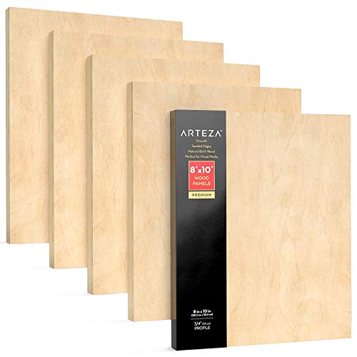 Arteza Wooden Canvas Board, 8x10 Inch, Pack of 5, Birch Wood, Cradled Artist Wood Panels for Painting, Encaustic Art, Wood Burning, Pouring, Use with ARTEZA