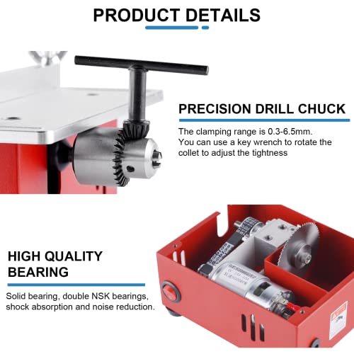 Mini Table Saw Small Precision Hobby Table Saw, 1/2" Adjustable Cut Depth, w/Chuck, Sanding Disc, 96W Adjustable Speed Power Supply, for MXBAOHENG
