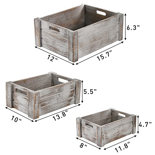 Hacaroa 3 Pack Wood Crates with Handles, Rustic Nesting Storage Container Box Decorative Wooden Basket Bins for Fruit, Vegetable, Home, Laundry, Hacaroa