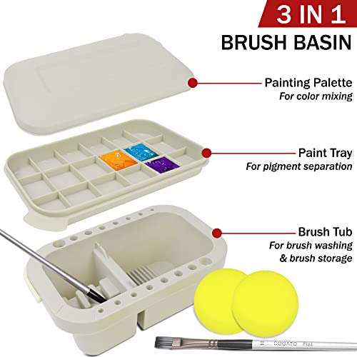 DUGATO Paint Brush Cleaner Washer, Multifunction Painting Brush Basin Holder and Organizer width Tray Palette Lid & 2 Art Sponges for Acrylic, DUGATO