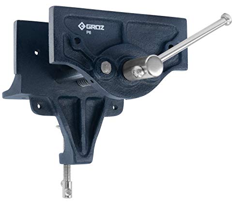 Groz Portable Woodworking Vise, 6-Inch, Clamp on or Bolt to Bench, Cast Iron with "Toe-in" Feature (39006) Groz