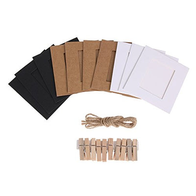 AKOAK 30Pcs DIY Kraft Paper Cardboard Photo Frame with Wooden Clips and String,White/Black/Brown Three Colors and Each Color 10 Pcs,Great for Home
