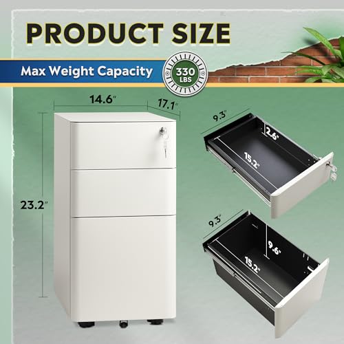 DEVAISE 3-Drawer Slim Vertical File Cabinet, Fully Assembled Except Casters, Legal/Letter Size, White DEVAISE