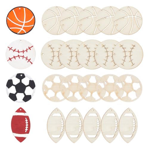 NBEADS 40 Pcs Sport Ball Theme Unfinished Wood Cutout, Unfinished Wood Pieces Wood Craft Blanks Laser Cut Wood Charms for DIY Crafts Decoration NBEADS