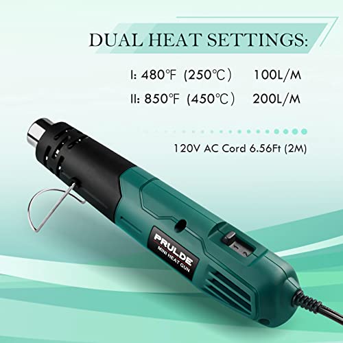 Mini Heat Gun, PRULDE 380W 2-Temp 480°F-850°F (250°C-450°C) Fast Heat Hot Air Gun with 6.56Ft Cord & Reflector Nozzle for Vinyl Wrap, Crafts, NEU MASTER