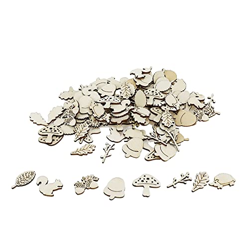 KUMGROT 100pcs Unfinished Wooden Ornament Mini Wood Pieces Mushroom Tree Squirrel Pine Cones Leaf Shaped for DIY Craft Handmade Supplies (Forest KUMGROT
