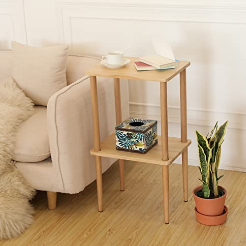 exilot Solid Wood Side Table, 2-Tier End Table with Storage Shelves, Tall Nightstand Bedside Table for Living Room Bedroom Office No-Tool Assembly exilot
