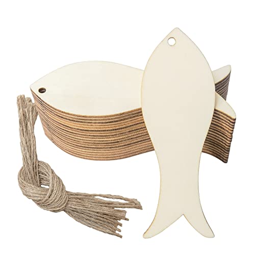 Mini Fish Hanging Wood Sea Fish Shape Unfinished Wood with Twines DIY Craft Ornament for Christmas Wedding Birthday Birthday Sea Theme Party Lamantery
