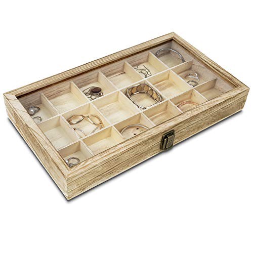 MOOCA Wooden Display Storage Case with Tempered Glass Lid for Jewelry and Beads with 18 Compartments Tray, 15 W x 8 3/8 L x 2 1/8 H in, Oak Color MOOCA