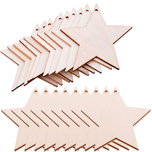 Pack of 50 Wooden Crafts to Paint 3 inch Christmas Tree Hanging Ornaments Unfinished Wood Cutouts Christmas Decoration DIY Crafts (Wooden Star