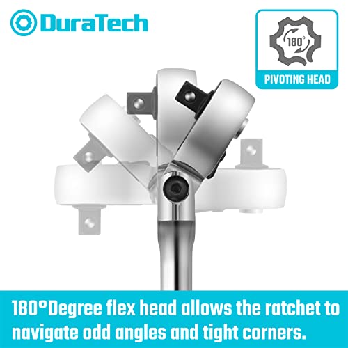 DURATECH 3/8" Drive Flex-Head Ratchet, 72-Tooth Ratchet Wrench, Quick-release, Reversible Switch, Full-Polished Chrome Plating, Alloy Steel DURATECH