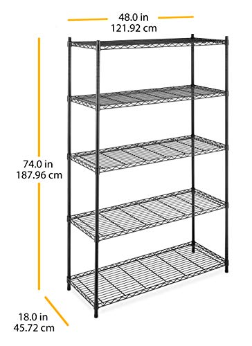Whitmor Supreme Tier Shelving 5 Adjustable Shelving-500 Pound Weight Capacity Per Shelf-Leveling Feet, 18" x 48" x 74", Black Whitmor