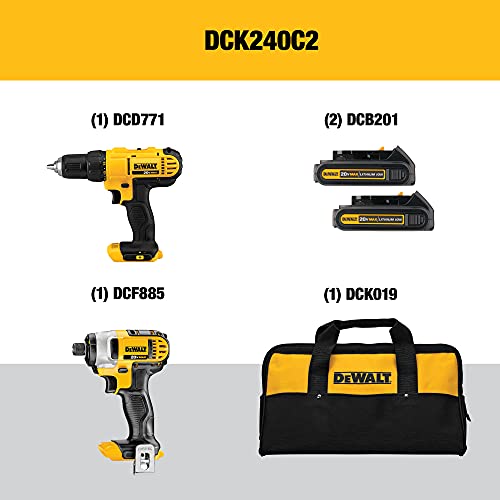 DEWALT 20V MAX Cordless Drill and Impact Driver, Power Tool Combo Kit with 2 Batteries and Charger, Yellow/Black (DCK240C2) DEWALT