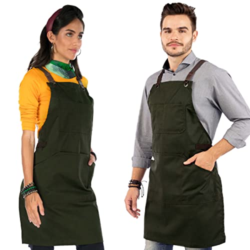 Under NY Sky Essential Army Green Apron – Cross-Back with Durable Twill and Leather Reinforcement – Adjustable for Men and Women – Pro Chef, Tattoo Under NY Sky