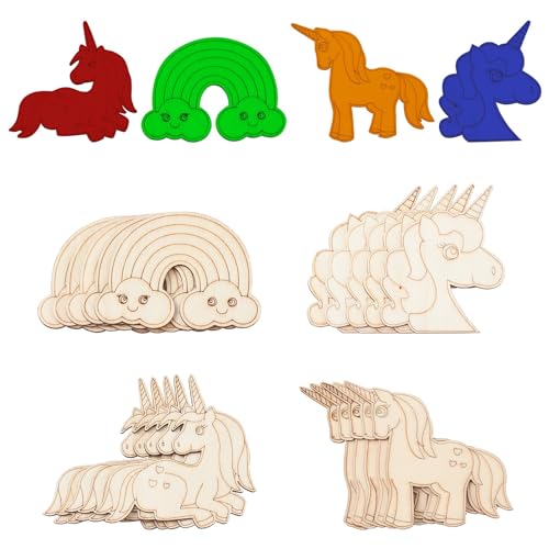 LiQunSweet 40 Pcs 4 Styles Rainbow Unicorn Unfinished Wood Slice Cutouts Blank Wooden Ornaments for Crafts LiQunSweet
