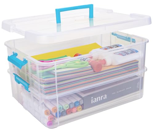 TERGOO 2 Layer Plastic Storage Containers with Lids, Multipurpose Clear Stack & Carry Box, Portable Craft Organizers and Storage Bin for Organizing TERGOO