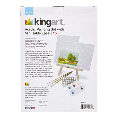 KINGART Artist Painting Set with 6 Vivid Acrylic Paint Colors, 12" Easel, 4 Canvas Panels, 3 Brushes, Painting Palette - School, Students, Beginners KINGART