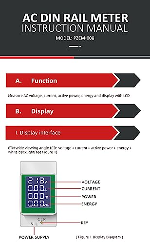 HiLetgo AC Digital Multimeter 50-300V 100A PZEM-008 LCD Display Digital Current Voltage Active Power Energy Multimeter Ammeter Voltmeter AC Din Rail HiLetgo