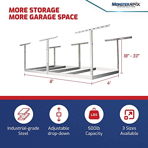 MonsterRax 4x8 Overhead Garage Storage Rack Frame Kit - Hanging Storage Shelves, Garage Ceiling Storage Rack System, Ceiling Shelving - (Hammertone, MonsterRAX Storage Solutions